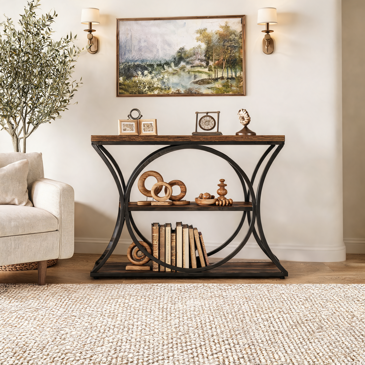 Three Tier Console Table with Arched Black Metal Frame, 41.34 in / 105 cm Wide Narrow Sofa Table in Rustic Wood, Hallway and Entryway