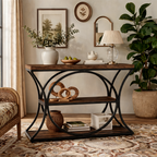 Three Tier Console Table with Arched Black Metal Frame, 41.34 in / 105 cm Wide Narrow Sofa Table in Rustic Wood, Hallway and Entryway
