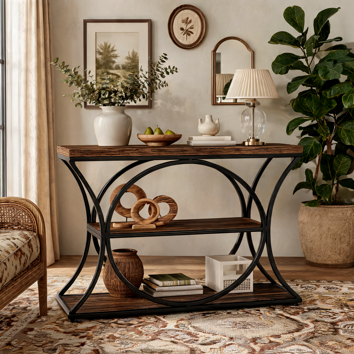 Three Tier Console Table with Arched Black Metal Frame, 41.34 in / 105 cm Wide Narrow Sofa Table in Rustic Wood, Hallway and Entryway