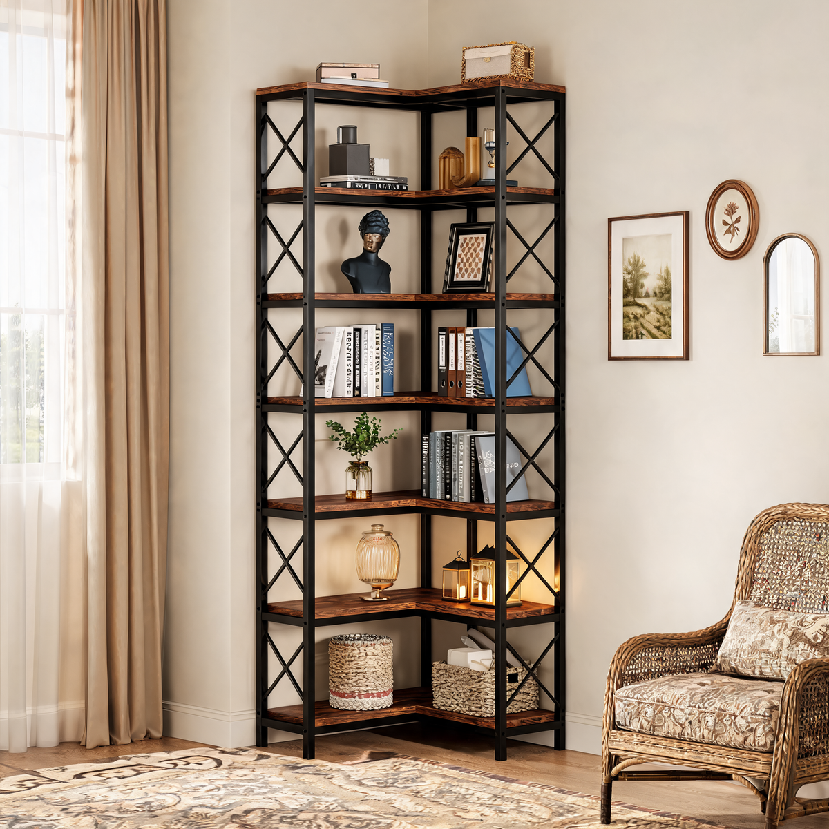 7 Shelf Corner Bookshelf, Tall Wood and Metal Corner Bookcase, 200 cm / 78.7 in Open Display Shelving for Living Room and Home Office