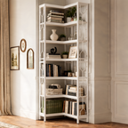 7 Shelf Corner Bookshelf, Tall Wood and Metal Corner Bookcase, 200 cm / 78.7 in Open Display Shelving for Living Room and Home Office