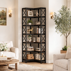 7 Shelf Corner Bookshelf, Tall Wood and Metal Corner Bookcase, 200 cm / 78.7 in Open Display Shelving for Living Room and Home Office