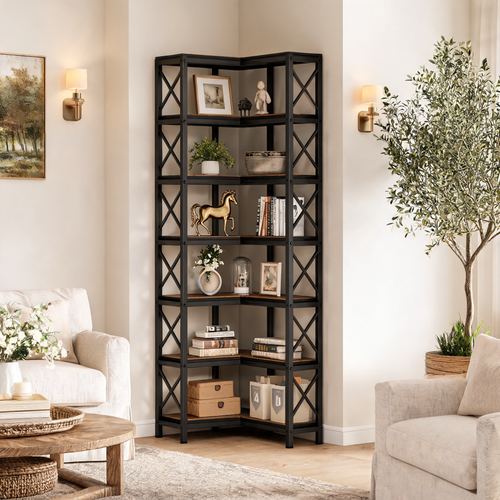 7 Shelf Corner Bookshelf, Tall Wood and Metal Corner Bookcase, 200 cm / 78.7 in Open Display Shelving for Living Room and Home Office