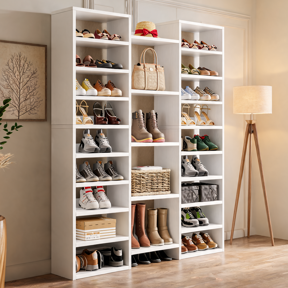 Three Column Shoe Rack, 24 Open Cubbies, White Wood Freestanding Shoe Organizer with Tall Boot Bays for Entryway, 120/150 cm (47.2/59.1 in)