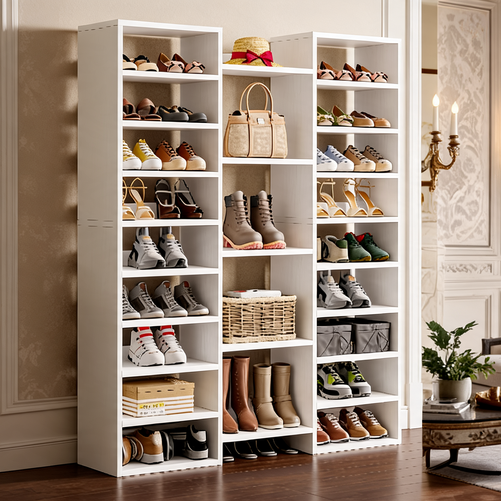 Three Column Shoe Rack, 24 Open Cubbies, White Wood Freestanding Shoe Organizer with Tall Boot Bays for Entryway, 120/150 cm (47.2/59.1 in)