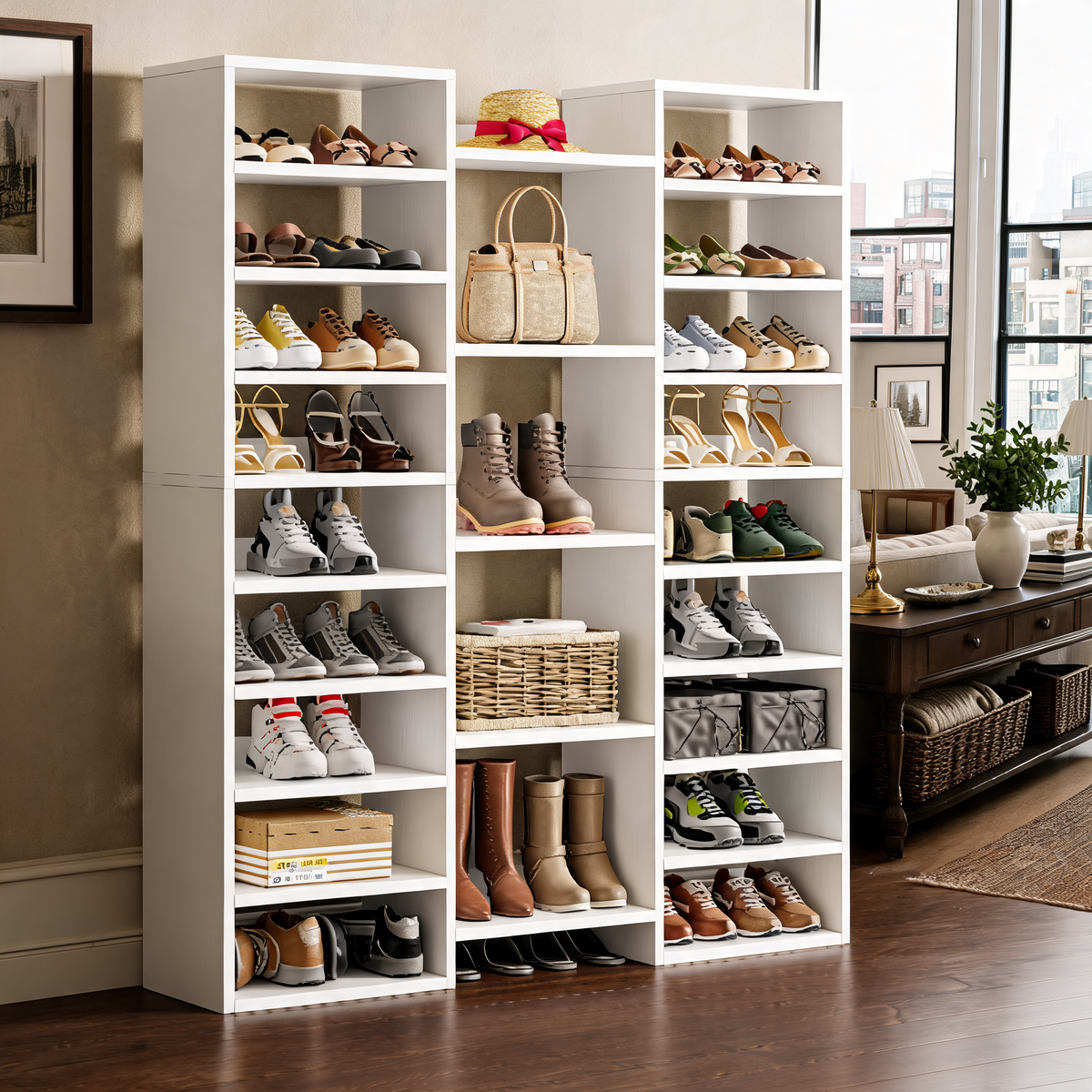 Three Column Shoe Rack, 24 Open Cubbies, White Wood Freestanding Shoe Organizer with Tall Boot Bays for Entryway, 120/150 cm (47.2/59.1 in)