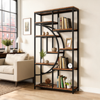 Industrial 5 Tier Etagere Bookcase, Freestanding Metal and Wood Bookshelf with 9 Open Shelves for Living Room, Home Office and Bedroom