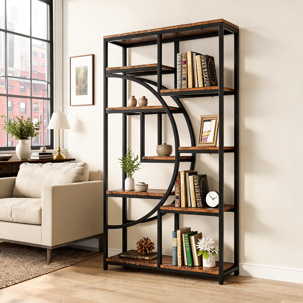Industrial 5 Tier Etagere Bookcase, Freestanding Metal and Wood Bookshelf with 9 Open Shelves for Living Room, Home Office and Bedroom