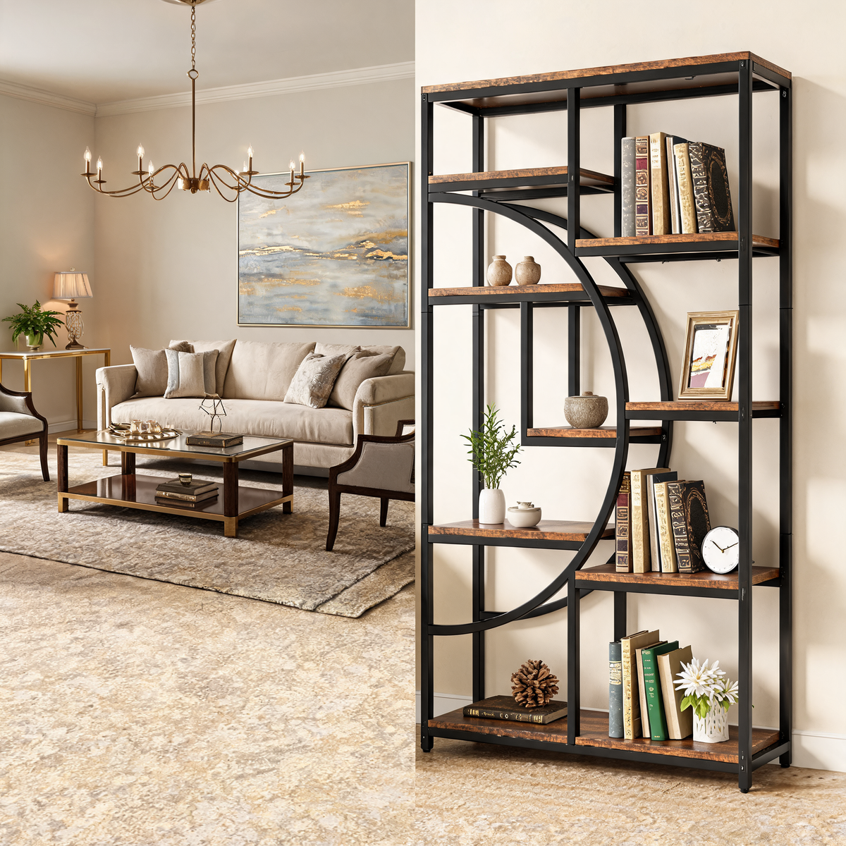 Industrial 5 Tier Etagere Bookcase, Freestanding Metal and Wood Bookshelf with 9 Open Shelves for Living Room, Home Office and Bedroom
