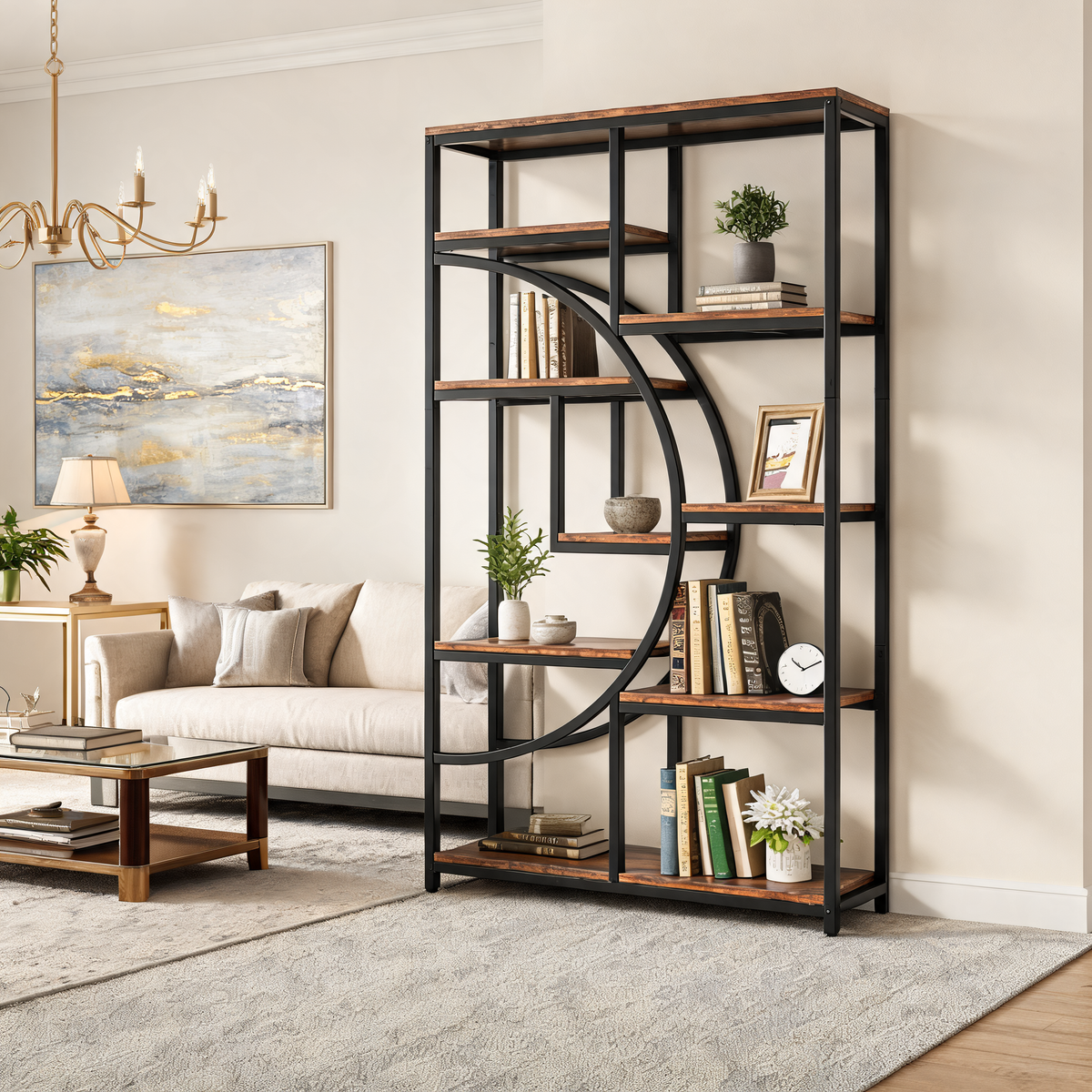 Industrial 5 Tier Etagere Bookcase, Freestanding Metal and Wood Bookshelf with 9 Open Shelves for Living Room, Home Office and Bedroom