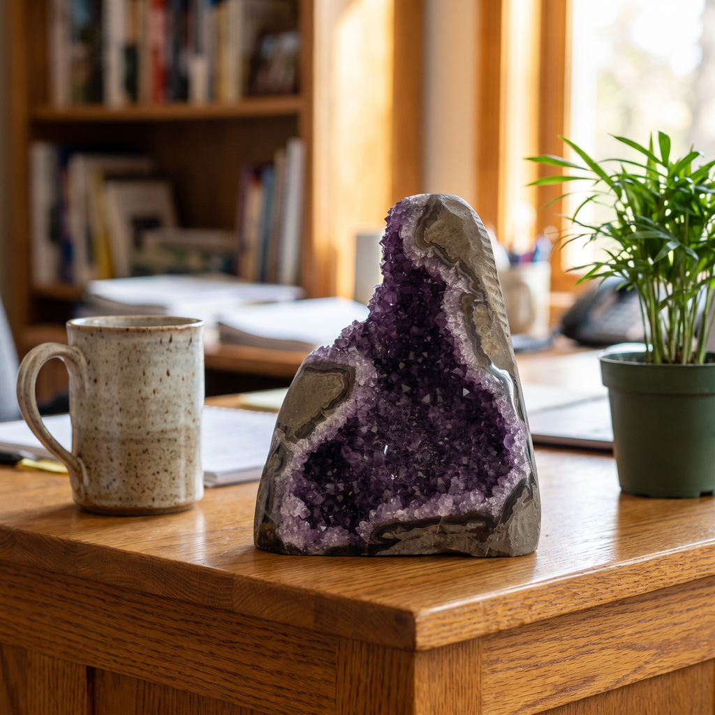 The amethyst cluster sits on a desk between a stoneware mug and a small potted plant.