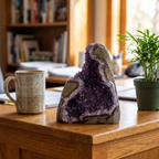 The amethyst cluster sits on a desk between a stoneware mug and a small potted plant.