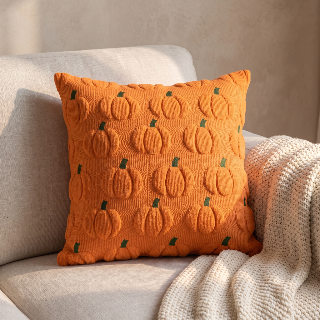 A single orange woven pumpkin cushion propped on a pale linen sofa arm beside a cream knitted throw.
