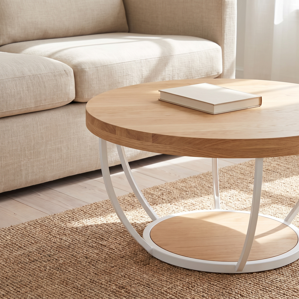 Round oak top coffee table on a white curved steel arc base with a solid round lower shelf, beside a linen sofa.