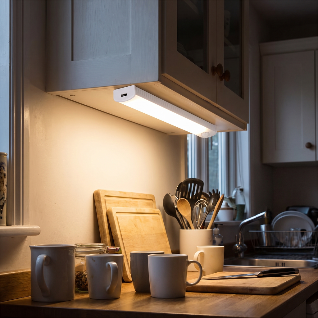 Slim white motion sensor LED bar fixed under a kitchen wall cabinet, warm even glow across the worktop below.