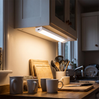 Slim white motion sensor LED bar fixed under a kitchen wall cabinet, warm even glow across the worktop below.