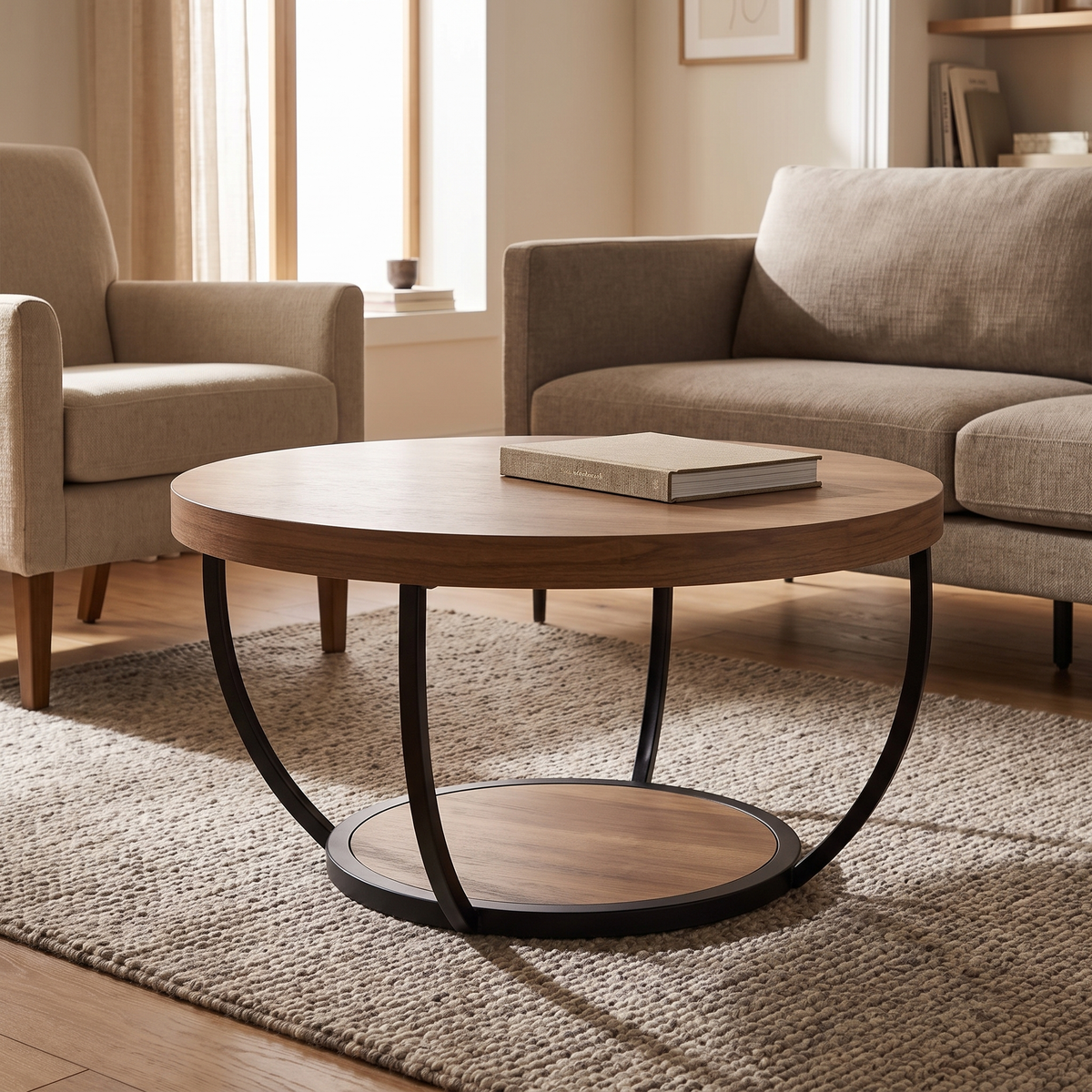 Two tier round wooden coffee table with a black curved steel arc base and a lower shelf, on a rug in a bright living room.