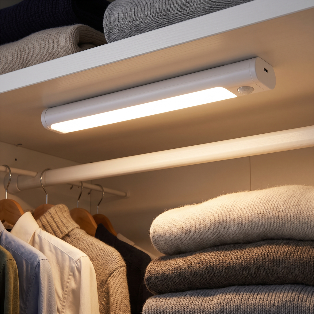 Small white motion sensor light bar under a wardrobe shelf, warm light falling over folded knitwear and hanging clothes.