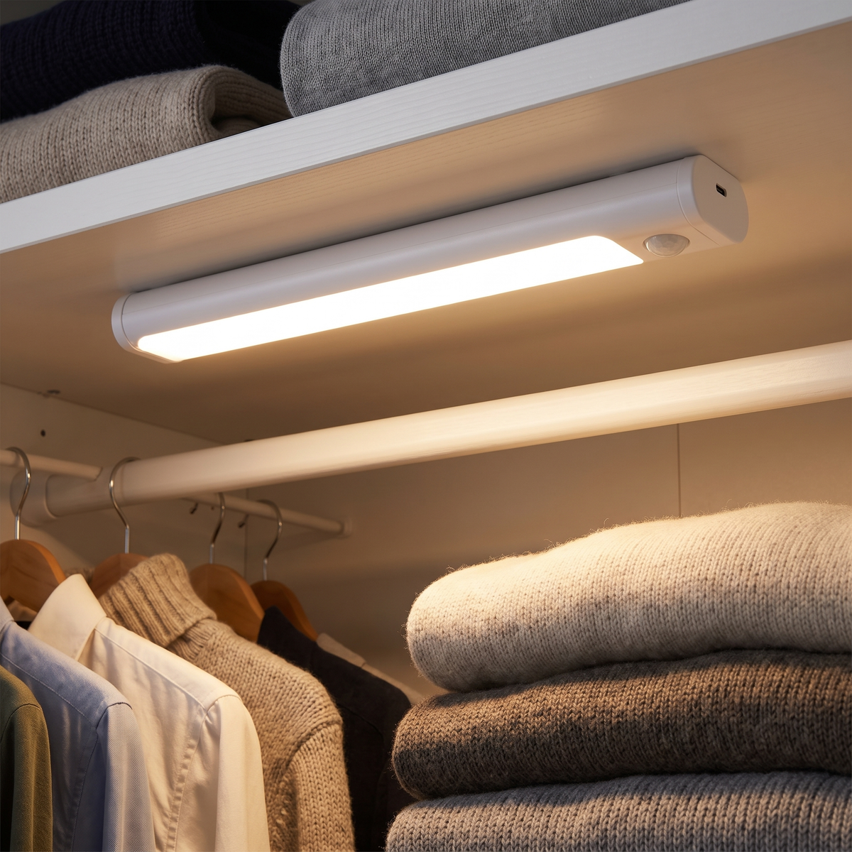 Small white motion sensor light bar under a wardrobe shelf, warm light falling over folded knitwear and hanging clothes.