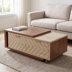 Walnut extendable coffee table with a sliding top and two pale oak chevron veneer drawer fronts with brass handles.