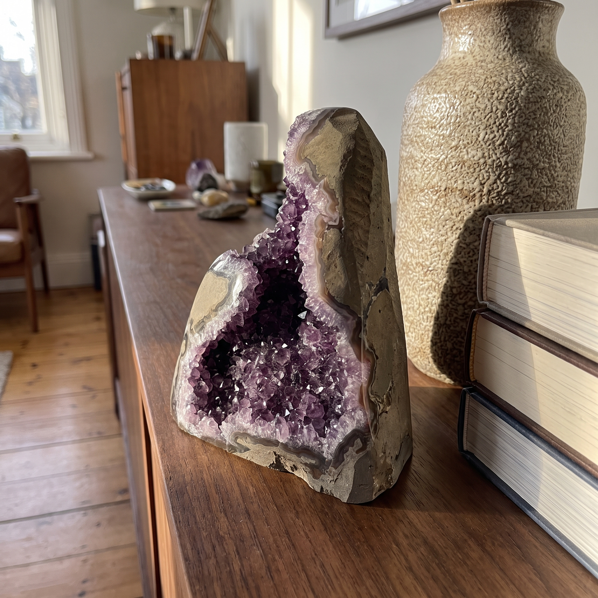 The amethyst cluster stands on a walnut sideboard beside a stone vase and a stack of books.