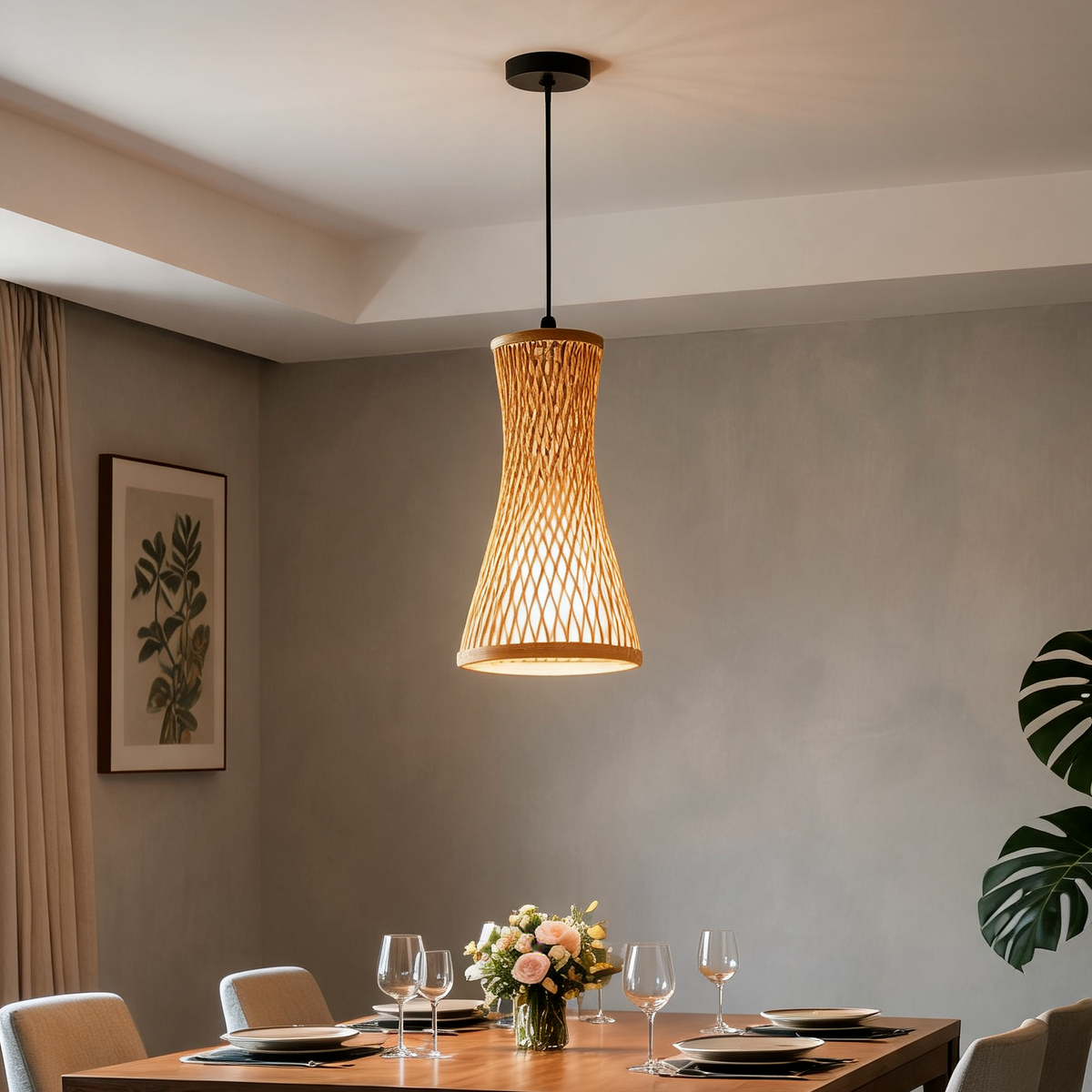 Woven Bamboo Pendant Chandelier, Hand Knitted Rattan Ceiling Lamp, E27 Fitting, 17 x 40 cm / 6.7 x 15.7 in, Black or White Base, for Dining Room