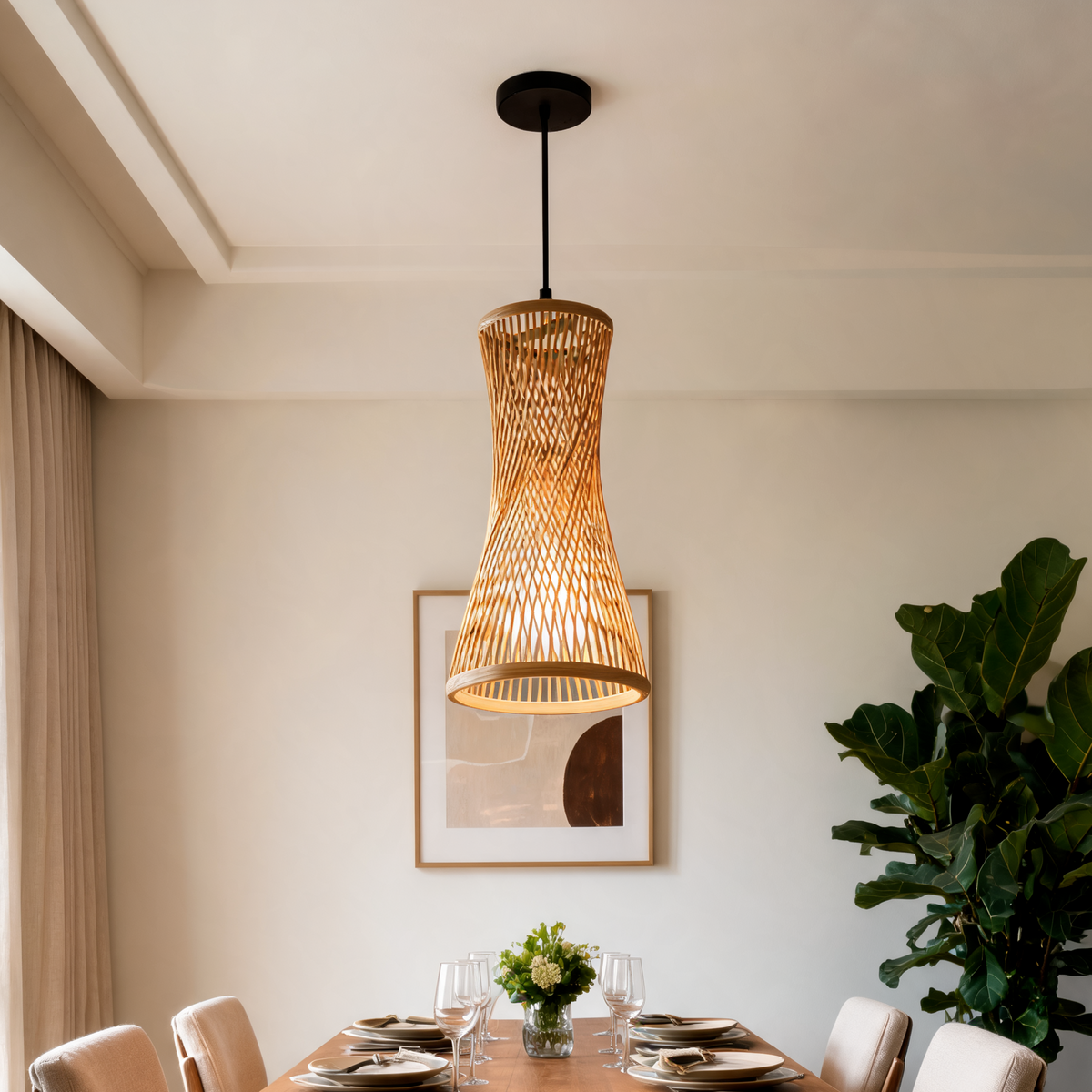 Woven Bamboo Pendant Chandelier, Hand Knitted Rattan Ceiling Lamp, E27 Fitting, 17 x 40 cm / 6.7 x 15.7 in, Black or White Base, for Dining Room