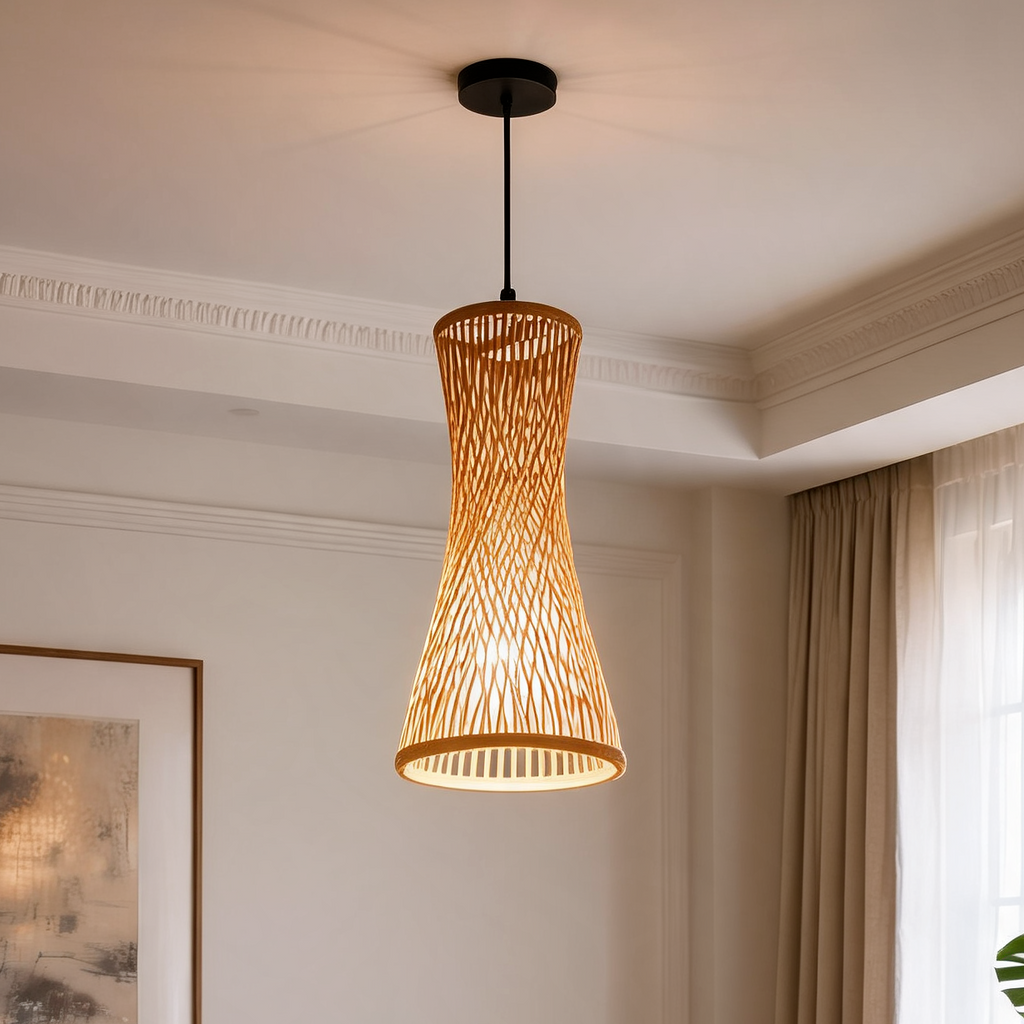Woven Bamboo Pendant Chandelier, Hand Knitted Rattan Ceiling Lamp, E27 Fitting, 17 x 40 cm / 6.7 x 15.7 in, Black or White Base, for Dining Room
