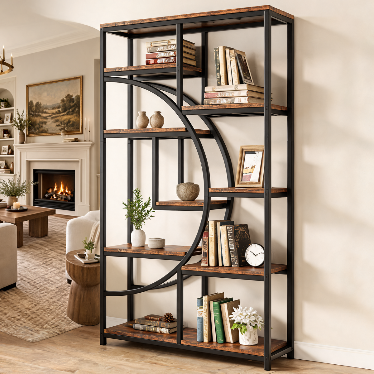 Industrial 5 Tier Etagere Bookcase, Freestanding Metal and Wood Bookshelf with 9 Open Shelves for Living Room, Home Office and Bedroom