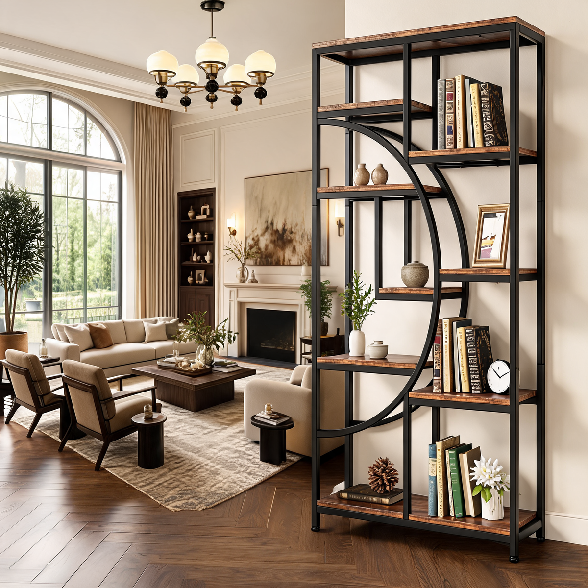 Industrial 5 Tier Etagere Bookcase, Freestanding Metal and Wood Bookshelf with 9 Open Shelves for Living Room, Home Office and Bedroom