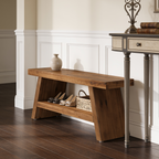 Solid Fir Entryway Bench 120 x 35 cm / 47.2 x 13.8 in, Farmhouse Shoe Storage Seat with 2 Open Shelves, Hallway or Mudroom