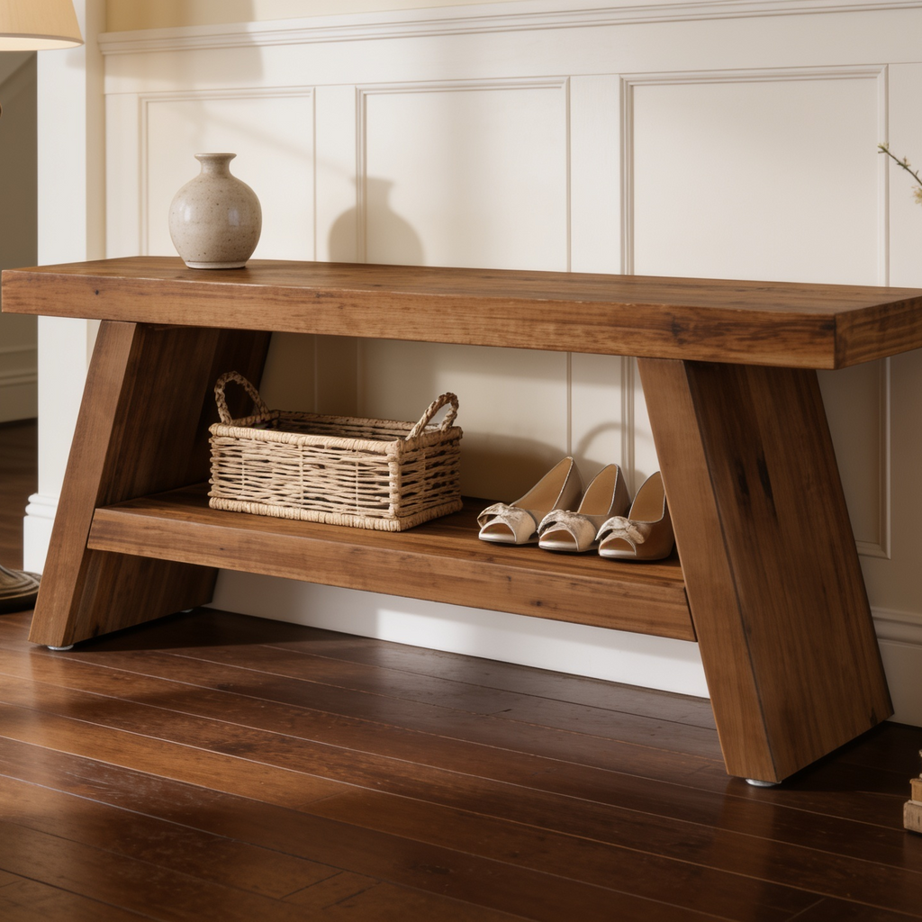 Solid Fir Entryway Bench 120 x 35 cm / 47.2 x 13.8 in, Farmhouse Shoe Storage Seat with 2 Open Shelves, Hallway or Mudroom