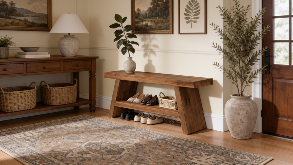 Solid Fir Entryway Bench 120 x 35 cm / 47.2 x 13.8 in, Farmhouse Shoe Storage Seat with 2 Open Shelves, Hallway or Mudroom