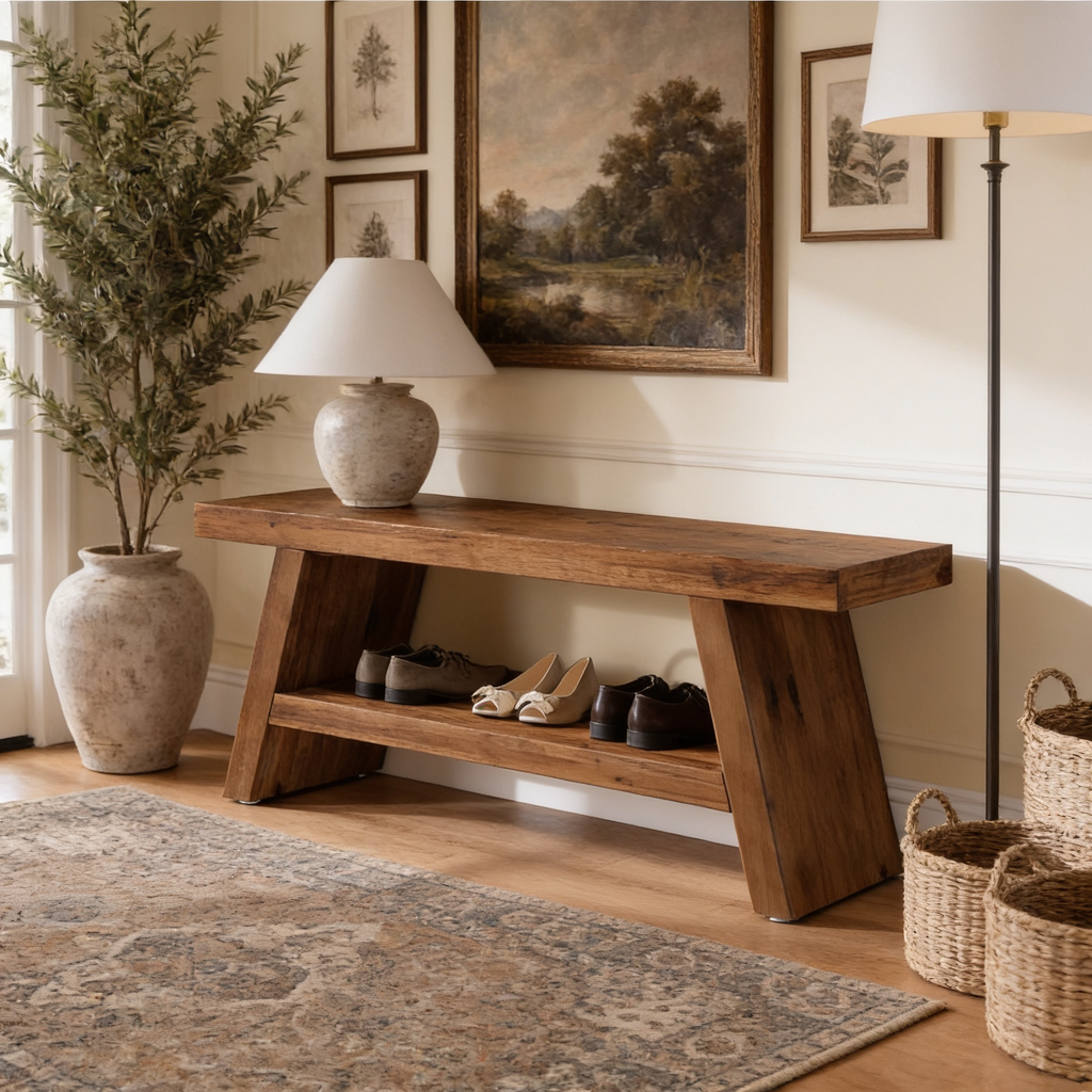 Solid Fir Entryway Bench 120 x 35 cm / 47.2 x 13.8 in, Farmhouse Shoe Storage Seat with 2 Open Shelves, Hallway or Mudroom