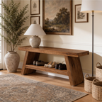 Solid Fir Entryway Bench 120 x 35 cm / 47.2 x 13.8 in, Farmhouse Shoe Storage Seat with 2 Open Shelves, Hallway or Mudroom