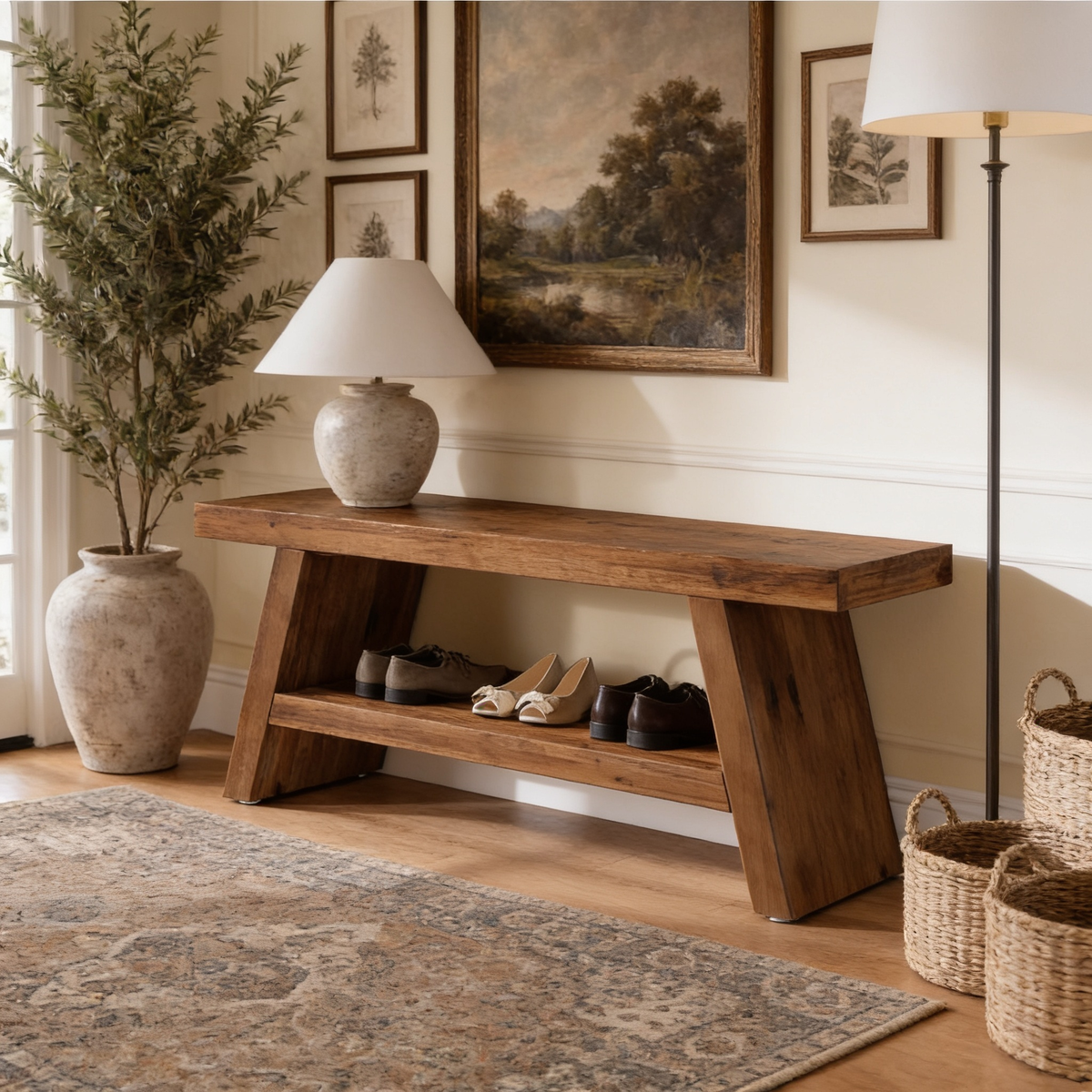 Solid Fir Entryway Bench 120 x 35 cm / 47.2 x 13.8 in, Farmhouse Shoe Storage Seat with 2 Open Shelves, Hallway or Mudroom