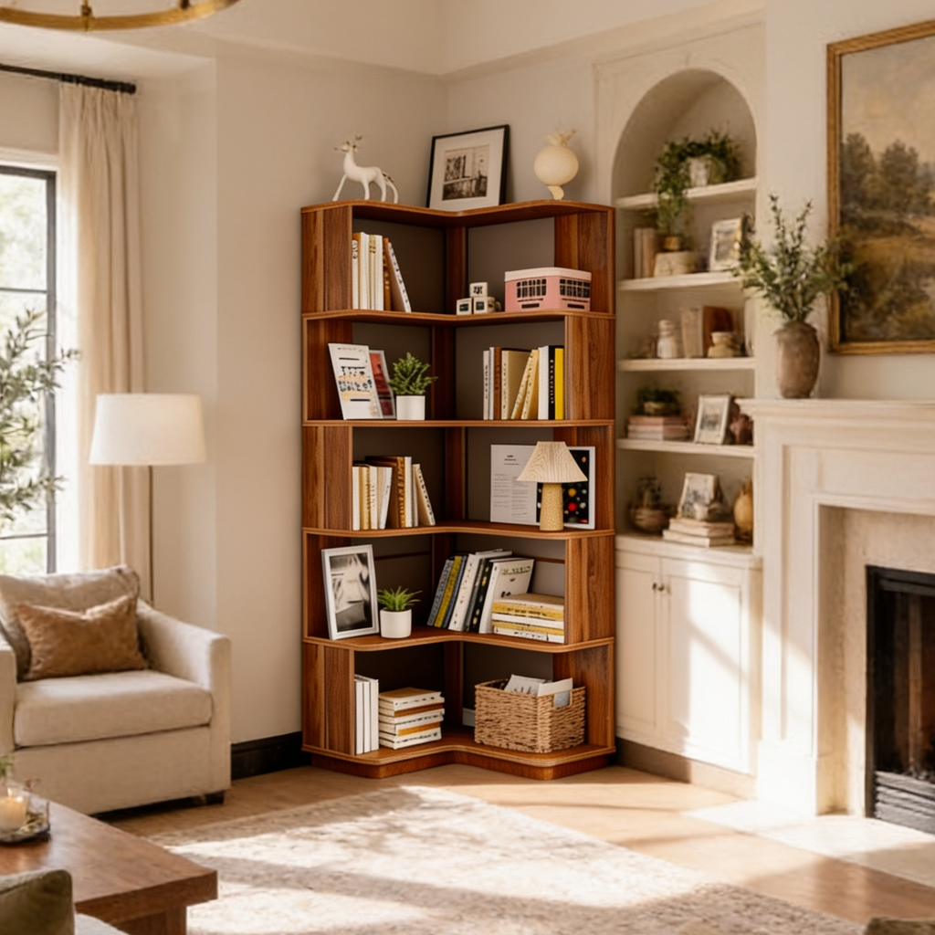 Stepped Corner Bookshelf, 6 Tier Brown Bookcase 165 x 60 x 60 cm / 65 x 23.6 x 23.6 in, Staggered Corner Shelving for Living Room, Study and Bedroom