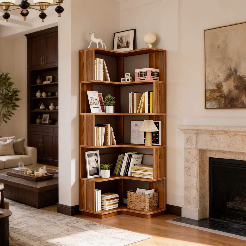 Stepped Corner Bookshelf, 6 Tier Brown Bookcase 165 x 60 x 60 cm / 65 x 23.6 x 23.6 in, Staggered Corner Shelving for Living Room, Study and Bedroom