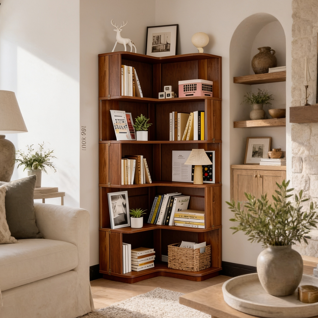 Stepped Corner Bookshelf, 6 Tier Brown Bookcase 165 x 60 x 60 cm / 65 x 23.6 x 23.6 in, Staggered Corner Shelving for Living Room, Study and Bedroom