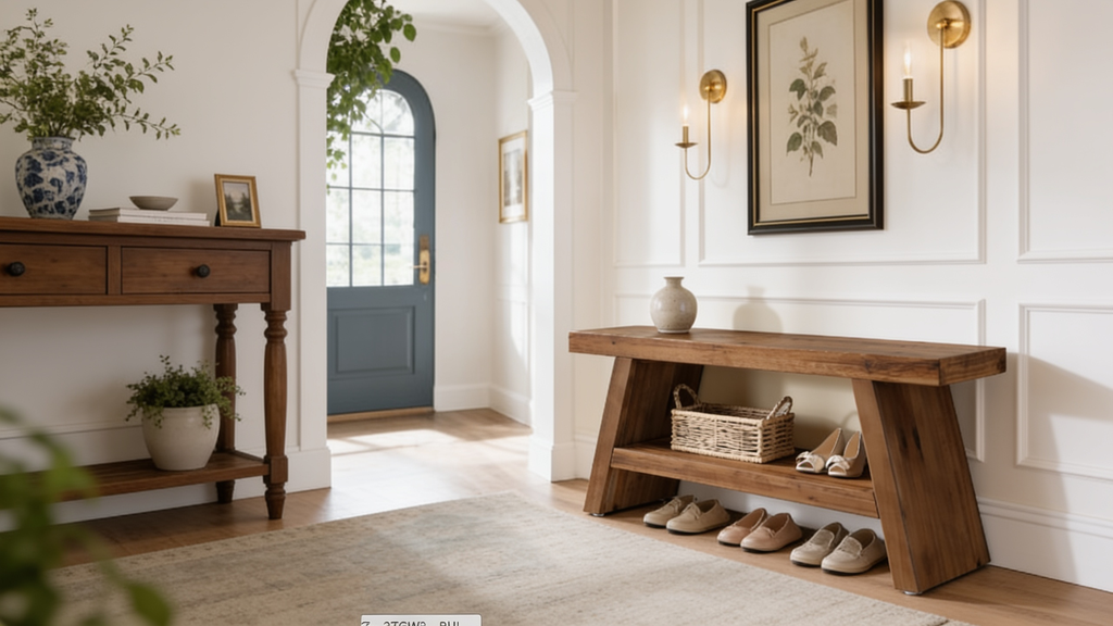 Solid Fir Entryway Bench 120 x 35 cm / 47.2 x 13.8 in, Farmhouse Shoe Storage Seat with 2 Open Shelves, Hallway or Mudroom