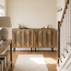 Slatted Door Sideboard, Set of Two Push to Open Storage Cabinets Spanning 59.05 in / 150 cm on Black Metal Legs, Dining Room and Hallway