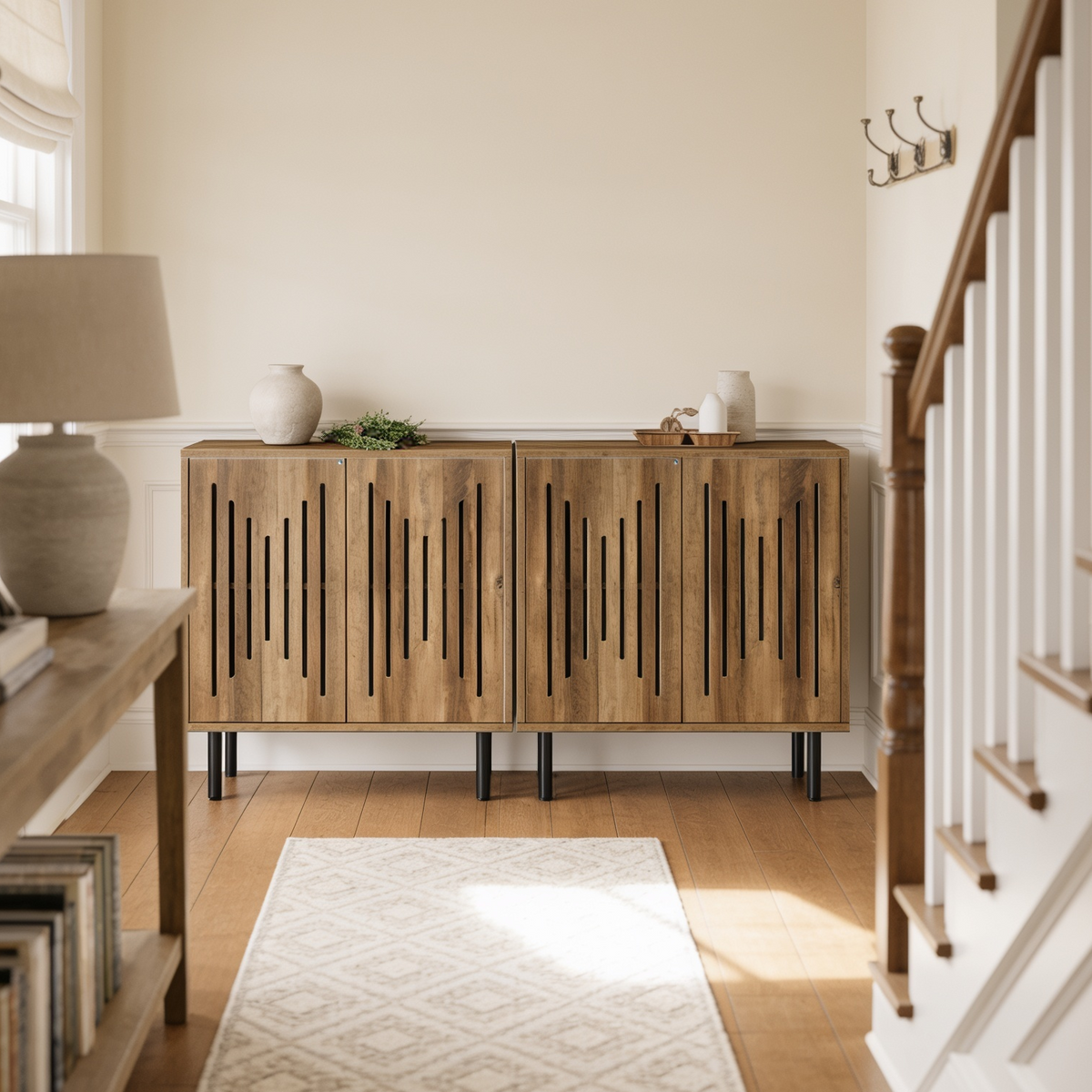 Slatted Door Sideboard, Set of Two Push to Open Storage Cabinets Spanning 59.05 in / 150 cm on Black Metal Legs, Dining Room and Hallway