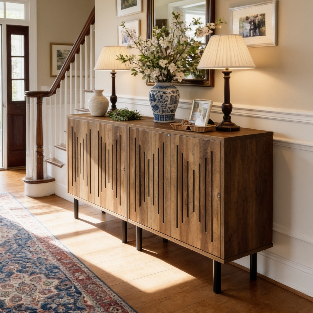 Slatted Door Sideboard, Set of Two Push to Open Storage Cabinets Spanning 59.05 in / 150 cm on Black Metal Legs, Dining Room and Hallway