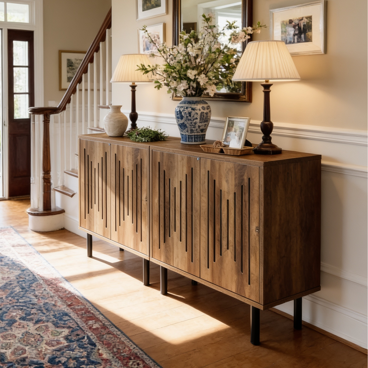 Slatted Door Sideboard, Set of Two Push to Open Storage Cabinets Spanning 59.05 in / 150 cm on Black Metal Legs, Dining Room and Hallway