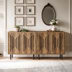 Slatted Door Sideboard, Set of Two Push to Open Storage Cabinets Spanning 59.05 in / 150 cm on Black Metal Legs, Dining Room and Hallway