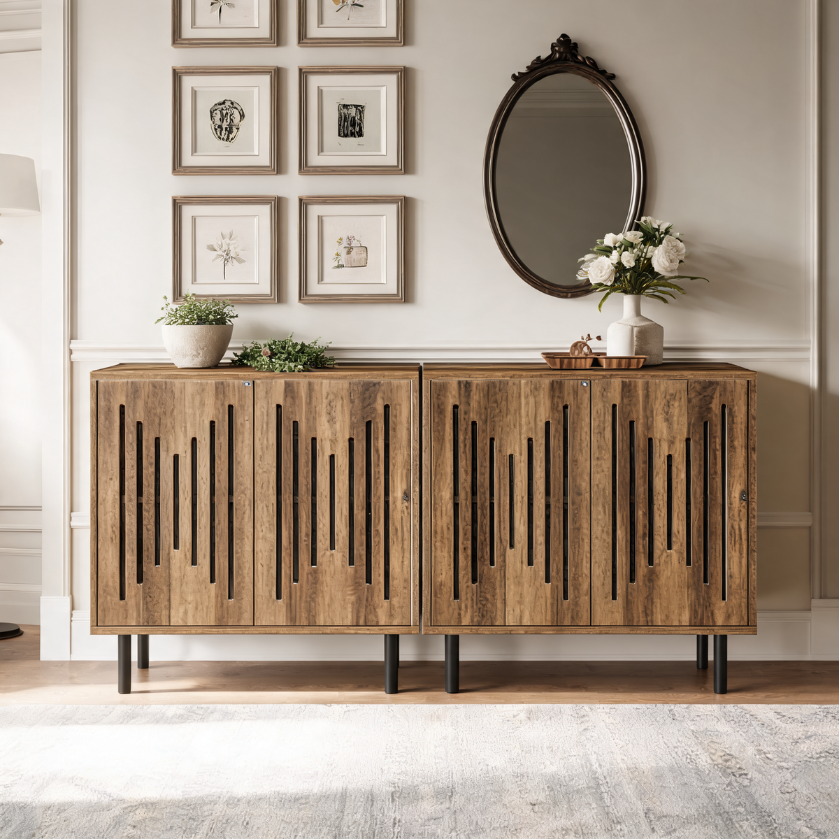 Slatted Door Sideboard, Set of Two Push to Open Storage Cabinets Spanning 59.05 in / 150 cm on Black Metal Legs, Dining Room and Hallway