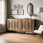 Slatted Door Sideboard, Set of Two Push to Open Storage Cabinets Spanning 59.05 in / 150 cm on Black Metal Legs, Dining Room and Hallway