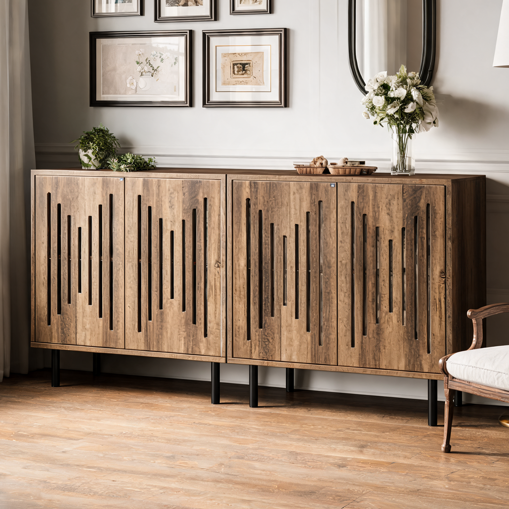 Slatted Door Sideboard, Set of Two Push to Open Storage Cabinets Spanning 59.05 in / 150 cm on Black Metal Legs, Dining Room and Hallway