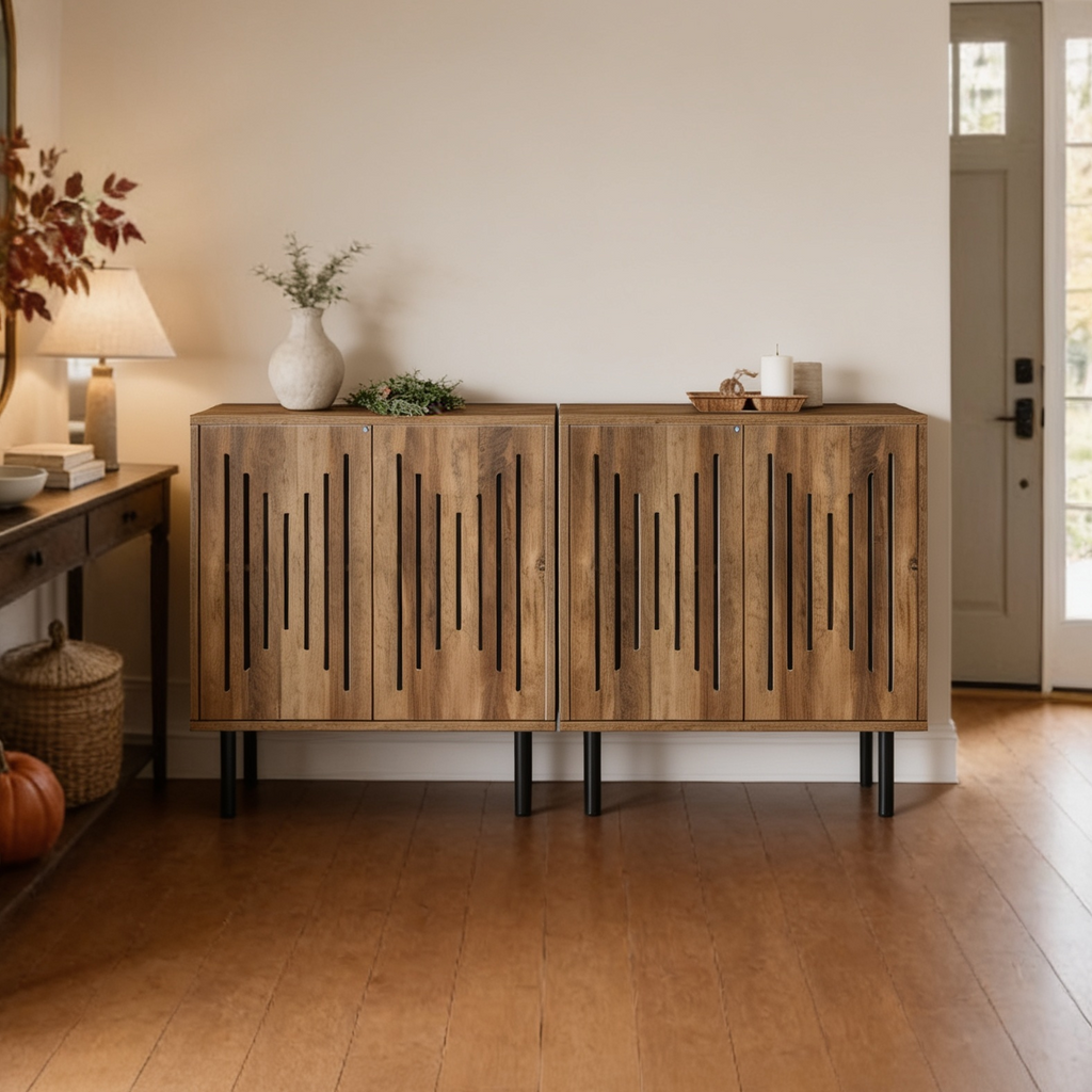 Slatted Door Sideboard, Set of Two Push to Open Storage Cabinets Spanning 59.05 in / 150 cm on Black Metal Legs, Dining Room and Hallway