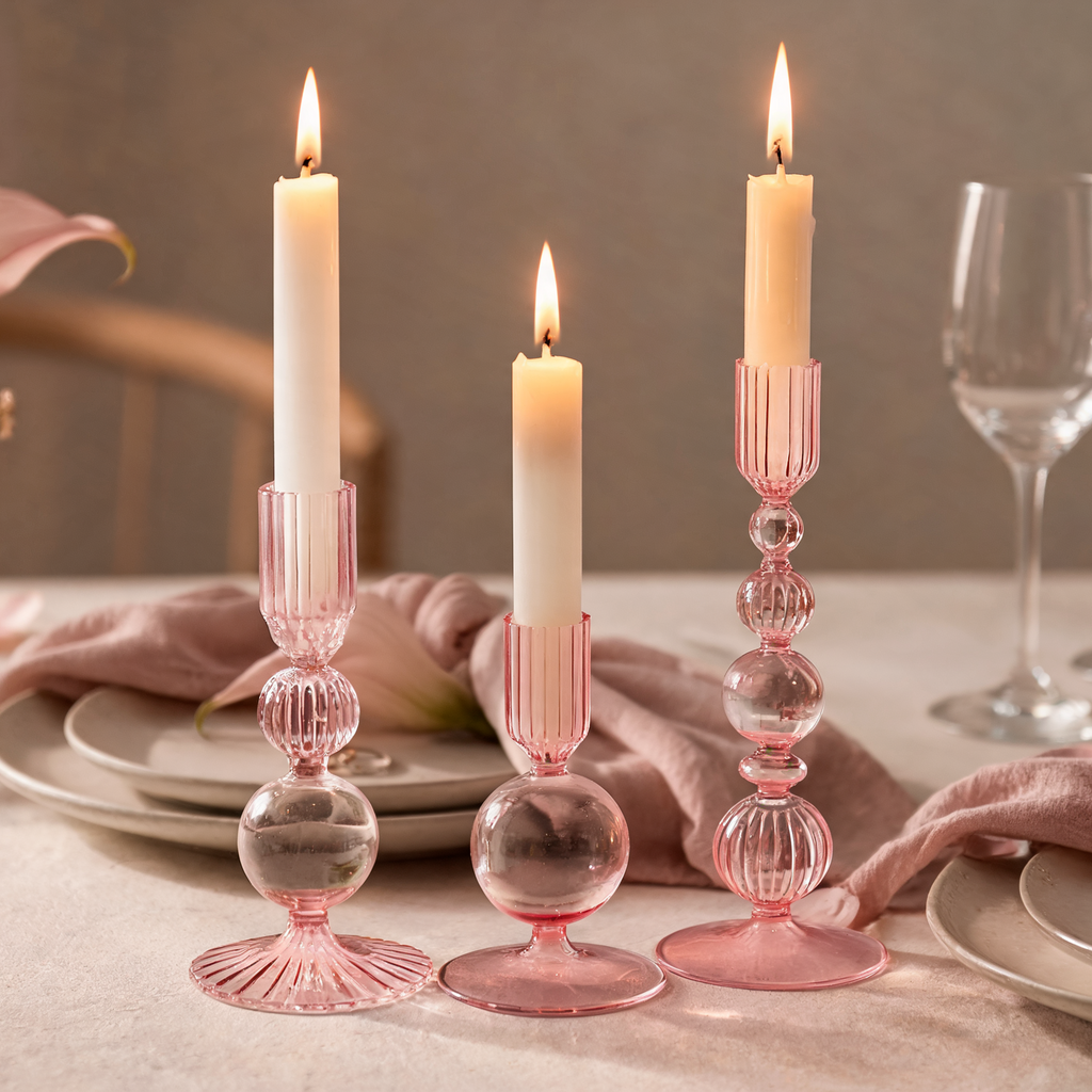 3Pcs Pink Glass Candlestick Holders Glass Taper Candle Holders Groovy Wavy Elegant Candle Stick for Home Party Decoration